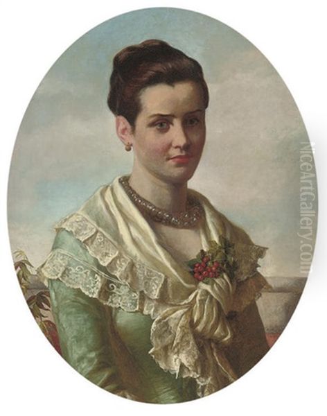 Portrait Of A Young Lady, In A Blue Dress And A White Lace Shawl Decorated With Berries Oil Painting by William Maw Egley