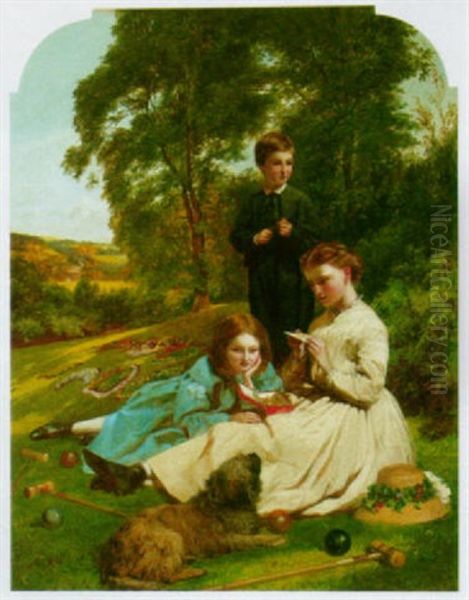 Charles Frederick Dixon With His Sisters In The Flower Garden Of Stumpelow Hall, Sheffield Oil Painting by William Maw Egley