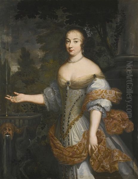 Portrait Of A Lady, Said To Be The Marchioness Of Montchevreuil, Three-quarter-length, Beside A Fountain Oil Painting by Justus van (Verus ab) Egmont