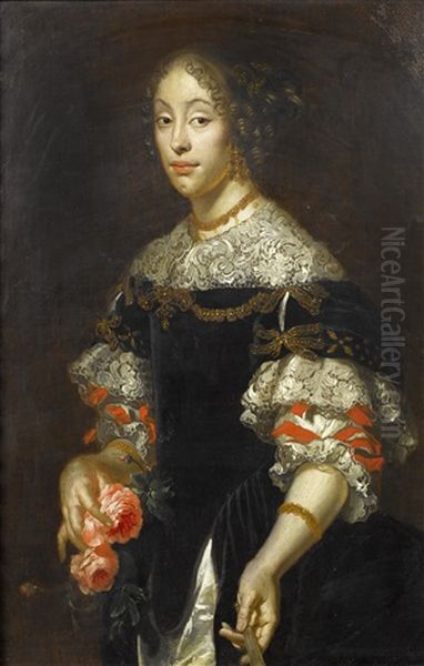 Portrait Of A Lady, In A Black Embroidered Dress And A White Lace Collar, Holding Roses Oil Painting by Justus van (Verus ab) Egmont