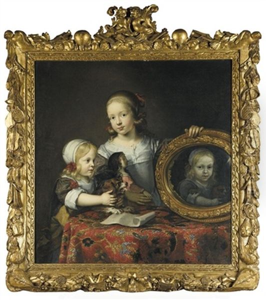 A Portrait Of Two Young Girls Standing Behind A Table Draped With A Carpet, One Holding A Doll And Mirror, The Other Holding A Small Dog Barking At Its Reflection Oil Painting by Justus van (Verus ab) Egmont