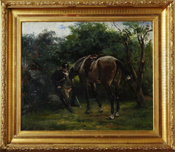 Landskap Medkavallerist Som Utfodrar Sin Hast Oil Painting by Carl Georg Arsenius