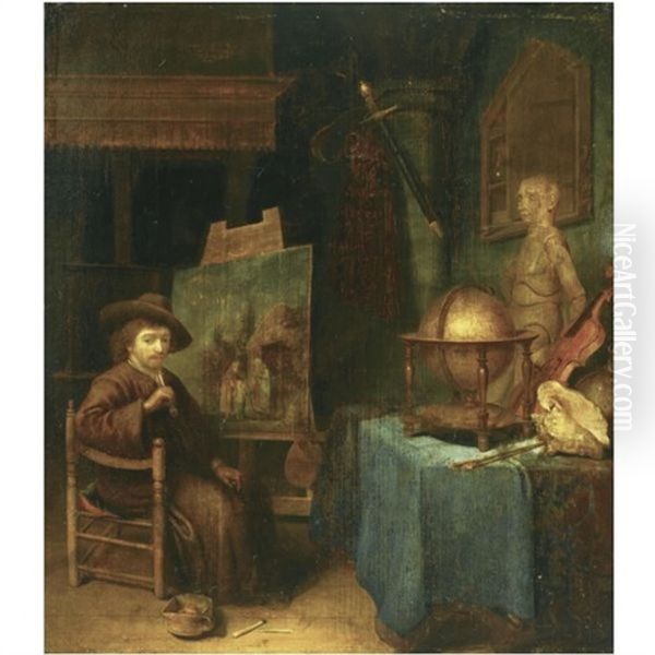 An Artist In His Studio (a Self-portrait?), Next To A Violin, A Globe, A Sculpture And A Sea Shell On A Draped Table Oil Painting by Pieter Cornelisz van Egmont