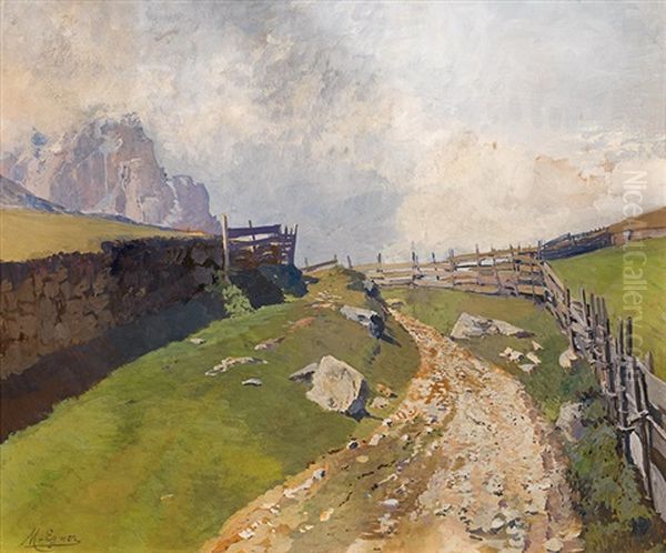 Turn And Fence With The Grodner Joch (dolomiten) In The Background Oil Painting by Marie Egner