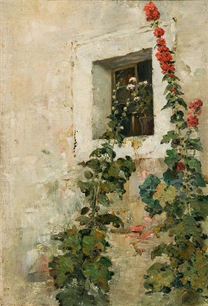 Hollyhocks In Front Of A Window - Study Oil Painting by Marie Egner