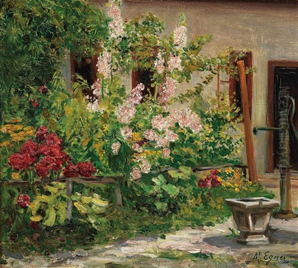 Front Garden With Blossoming Hollyhocks Oil Painting by Marie Egner