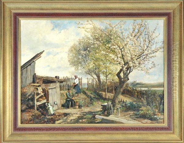 Garten Im Fruhling Mit Schuppen Und Zwei Frauen Bei Der Gartenarbeit by Marie Egner