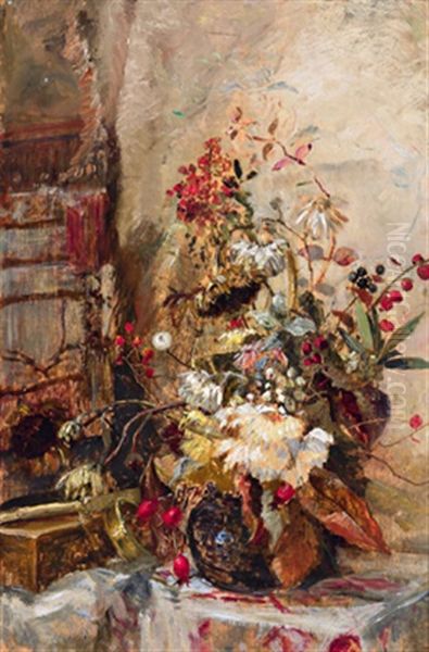 Herbstliches Blumenstuck Am Fenster Oil Painting by Marie Egner