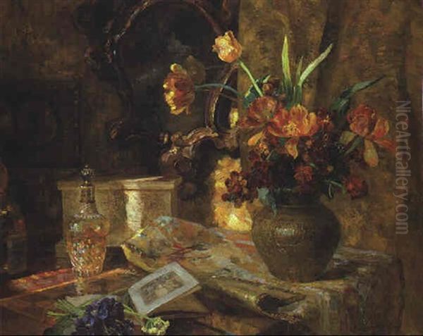 Stilleben Mit Goldlack Und Tulpen Oil Painting by Marie Egner