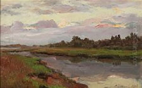 River Landscape At Summer Time Oil Painting by Sergei Semenovitch Egornov