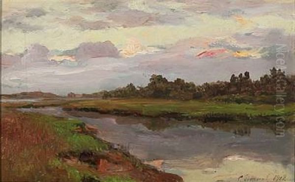 River Landscape At Summer Time, Russia Oil Painting by Sergei Semenovitch Egornov