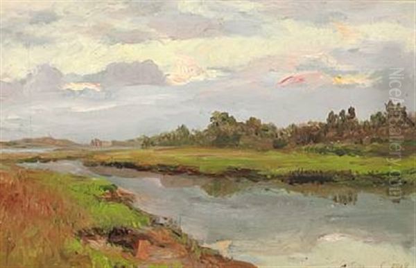 River Landscape At Summer Time, Russia Oil Painting by Sergei Semenovitch Egornov