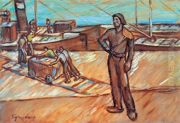 Harbour Workers Oil Painting by Jozsef Egry