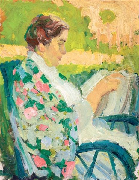 Woman Reading In A Sunlit Garden Oil Painting by Jozsef Egry