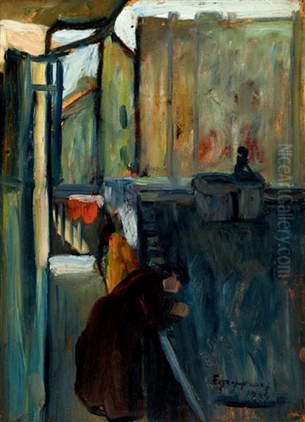 On The Gang (among Houses In Pest) Oil Painting by Jozsef Egry