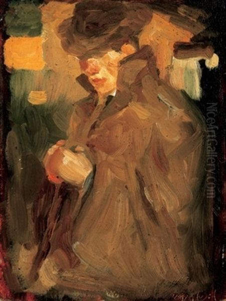 Kalapos Onarckep (self-portrait In Hat) Oil Painting by Jozsef Egry