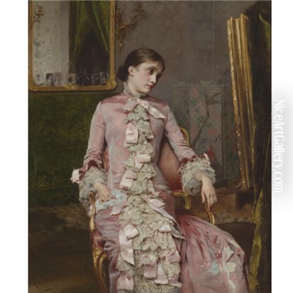 Lady In Pink Oil Painting by Rogelio De Egusquiza