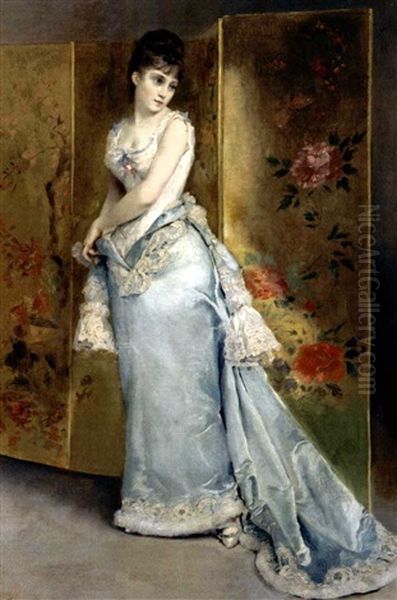 Mujer Con Vestido Azul (lady In A Blue Dress) Oil Painting by Rogelio De Egusquiza