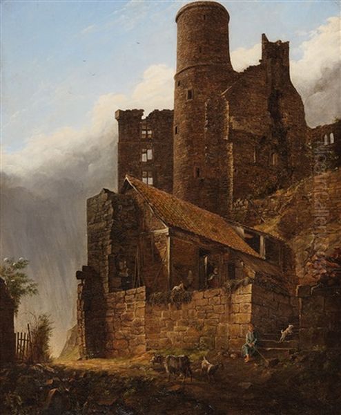 View Of A Ruined Castle Oil Painting by Friedrich J. Ehemant