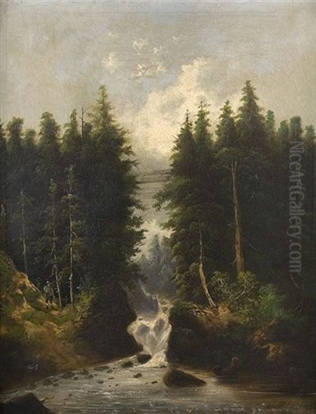 Wanderer Am Waldbach Oil Painting by Friedrich J. Ehemant