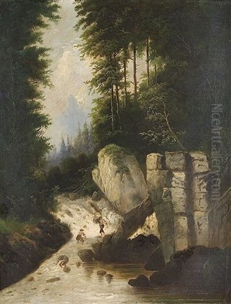 Am Fuse Des Wasserfalls Oil Painting by Friedrich J. Ehemant