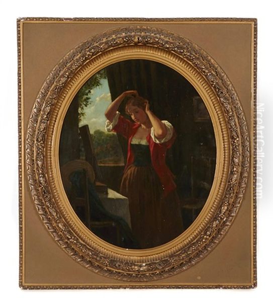 Woman At A Mirror Oil Painting by John Whetten Ehninger