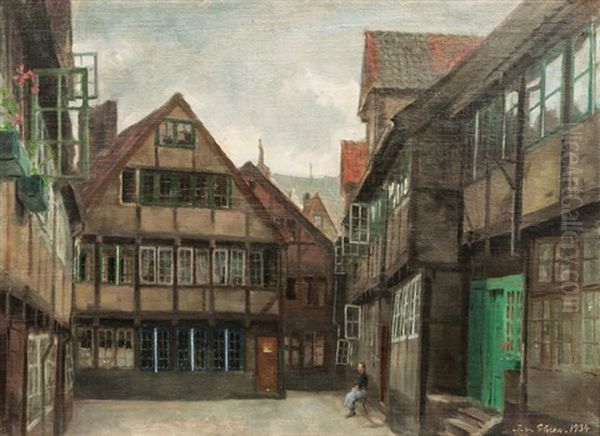 Courtyard In Hamburg Oil Painting by Julius Von Ehren