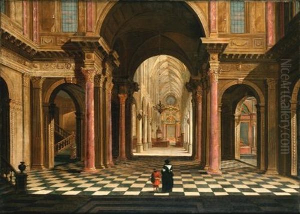 Two Figures In A Classical Church Interior Oil Painting by Wilhelm Schubert van Ehrenberg