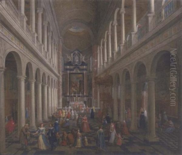 The Interior Of St. Charles Borromeo, Antwerp, With Elegant Company by Wilhelm Schubert van Ehrenberg