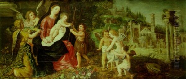 La Vierge A L'enfant Avec Saint Jean-baptiste Entoures D'anges Oil Painting by Wilhelm Schubert van Ehrenberg