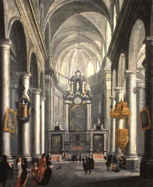 A Baroque Church Interior Oil Painting by Wilhelm Schubert van Ehrenberg