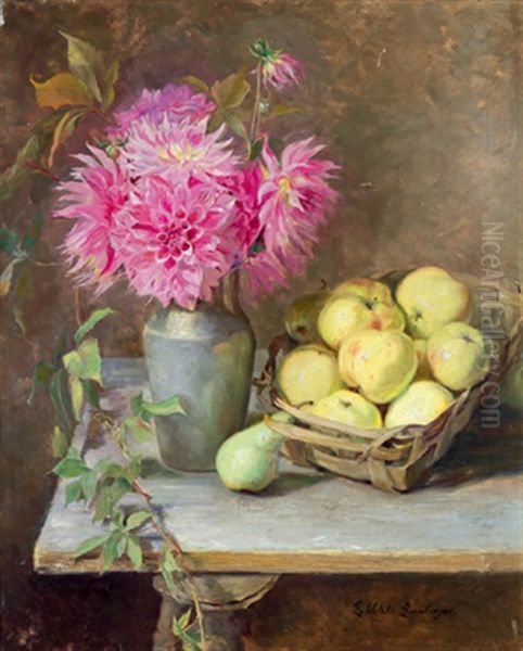 Stilleben Mit Fruchten Und Einem Straus Von Dahlien Boten Des Herbstes Oil Painting by Ella Ehrenberger