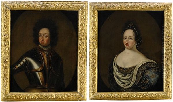 Portratt Av Karl Xi (1655-1697) Ikladd Harnesk Och Hans Maka Ulrika Eleonora D.a. (1656-1693) Ikladd Broderad Och Juvelprydd Klanning, Med Parlor I Haret, Hermelinbramad Mantel Med Kungliga Kronor - Midjebilder Oil Painting by David Klocker Von Ehrenstrahl