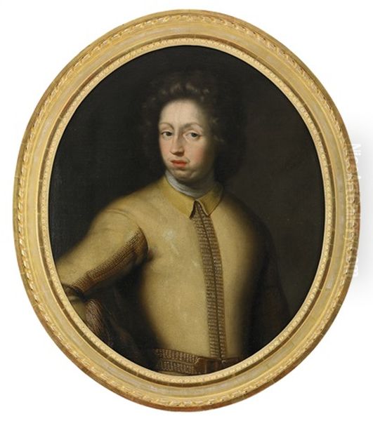 Portratt Av Karl Xi (1655-1697) Kladd I Gult Kyller Med Guldbrodyr Och Vit Halsduk - Mildjebild Oil Painting by David Klocker Von Ehrenstrahl