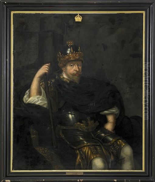 Portratt Av Kung Gustav Ii Adolf Som Triumfator (1594-1632) Kladd I Rustning Med Forgylld Dekor Av Rikslejonen Och Vasakarven Samt Kronprydd Hjalm, Morkbla Mantel Och Kommandostav - Sittande Knastycke Oil Painting by David Klocker Von Ehrenstrahl