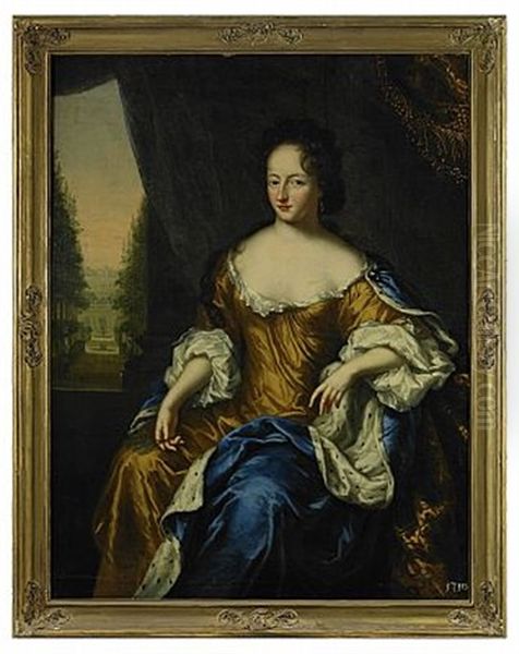 Portratt Av Drottning Ulrika Eleonora D.a. Ikladd Guldfargad Klanning Och Hermelinbramad Morkbla Mantel Och Hallande En Grankvist I Handel Oil Painting by David Klocker Von Ehrenstrahl