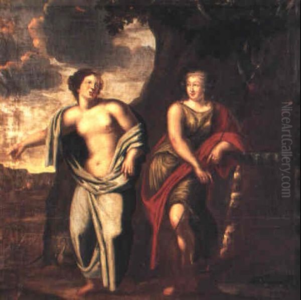 Juno Och Diana Oil Painting by David Klocker Von Ehrenstrahl