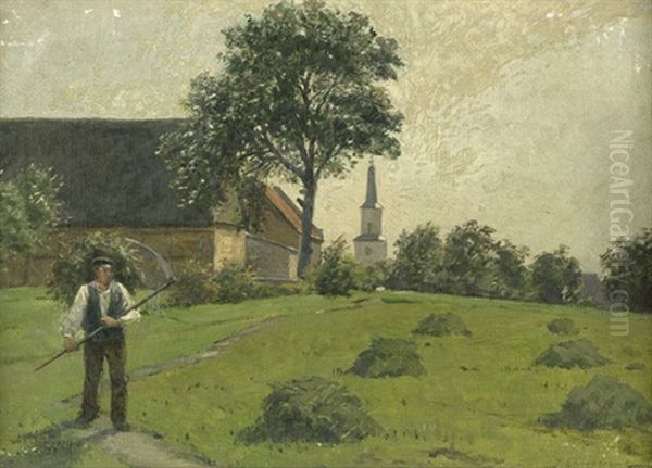 Bauer Beim Heuen Auf Einer Sommerlichen Wiese In Teltow Oil Painting by Julius Ehrentraut