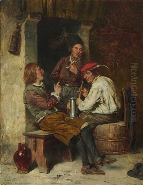 Rauchende Und Trinkende Bauern Oil Painting by Julius Ehrentraut