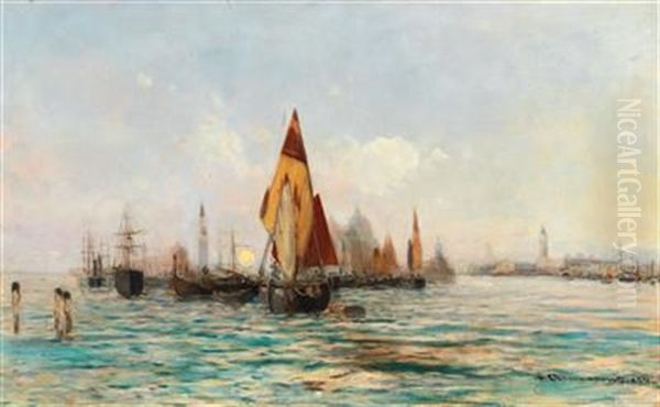 Fishing Boats Near Venice Oil Painting by Theodore von Ehrmanns