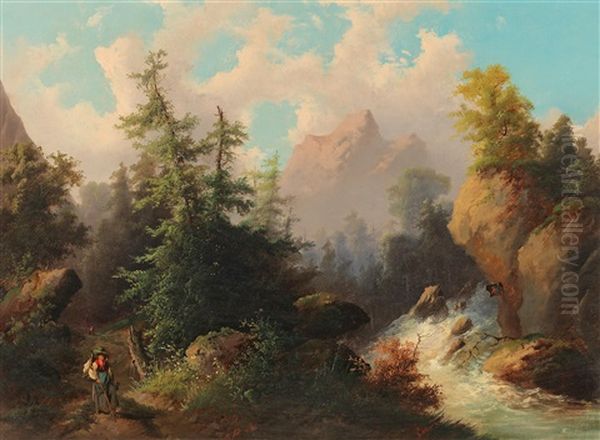 Gebirgslandschaft Mit Wildbach Oil Painting by Theodore von Ehrmanns