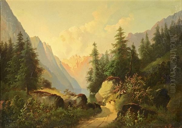 Mountain Lanscape With A Path Towards A Lake. Two Huntsmen Resting At The Bank Of A Mountain Lake Oil Painting by Theodore von Ehrmanns