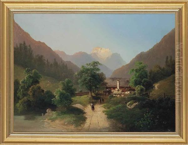 Travelers By An Alpine Cottage, With An Extensive Alpine Landscape Beyond Oil Painting by Theodore von Ehrmanns