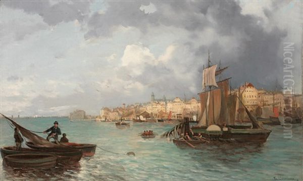 Triest. Blick Auf Die Silhouette Der Stadt Vom Wasser Aus Oil Painting by Theodore von Ehrmanns