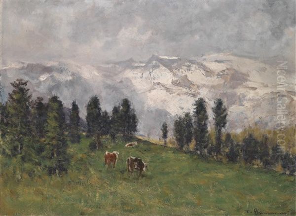 Alm Mit Drei Kuhen Oil Painting by Theodore von Ehrmanns