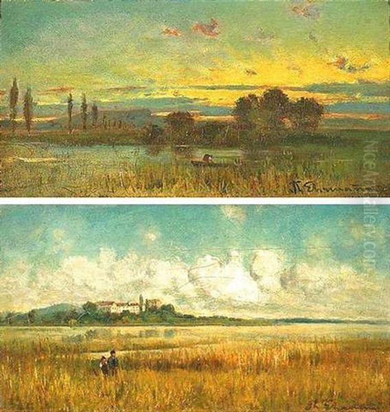 Sommerliche Landschaft Mit Spaziergangern An Einem See (+ Abendliche Landschaft Mit Kahn An Einem Seeufer; Pair) Oil Painting by Theodore von Ehrmanns