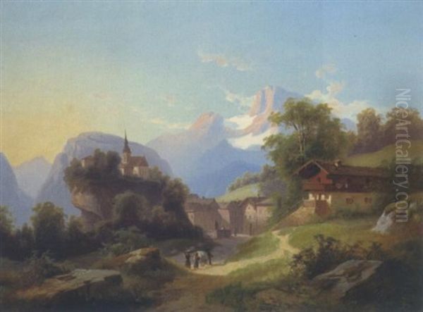 Gebirgsdorf Mit Einer Kirche Auf Einer Felskuppe Oil Painting by Theodore von Ehrmanns