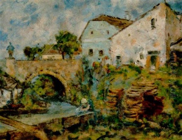 Hauser Und Brucke Mit Nepomuk Oil Painting by Theodore von Ehrmanns