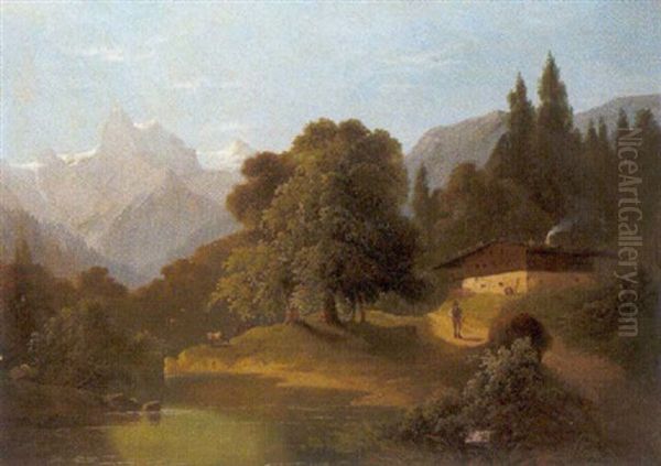 Idyllische Gebirgslandschaft Oil Painting by Theodore von Ehrmanns