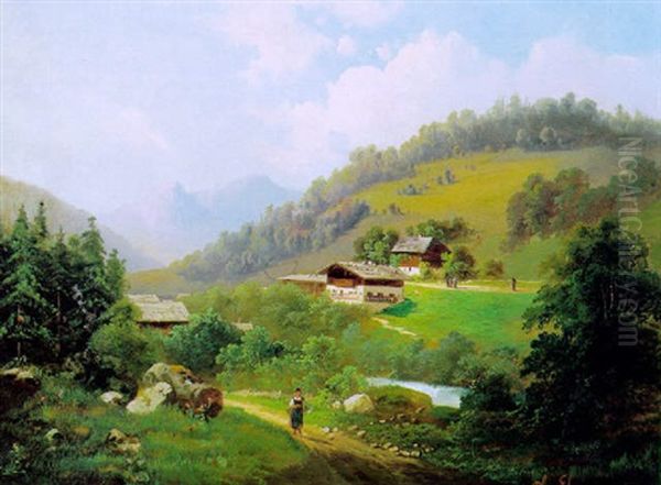 Gebirgslandschaft Mit Figurlicher Staffage Oil Painting by Theodore von Ehrmanns